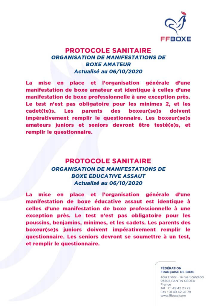 protocole sanitaire organisation de manifestations de boxe 06 octobre 2020 ffb federation française de boxe