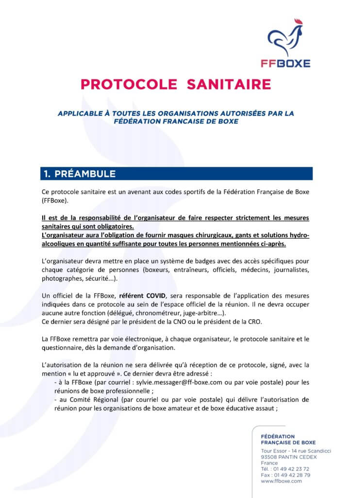 protocole sanitaire organisation de manifestations de boxe 12 octobre 2020 ffb federation française de boxe