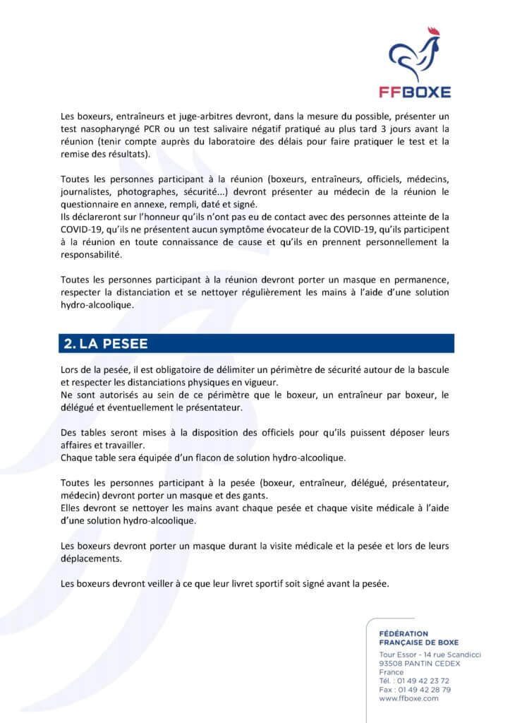 protocole sanitaire organisation de manifestations de boxe 12 octobre 2020 ffb federation française de boxe
