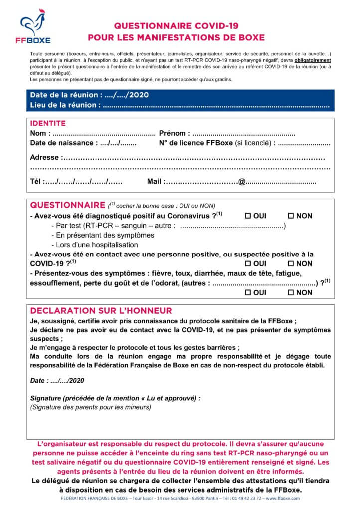 questionnaire covid organisation de manifestations de boxe 12 octobre 2020 ffb federation française de boxe